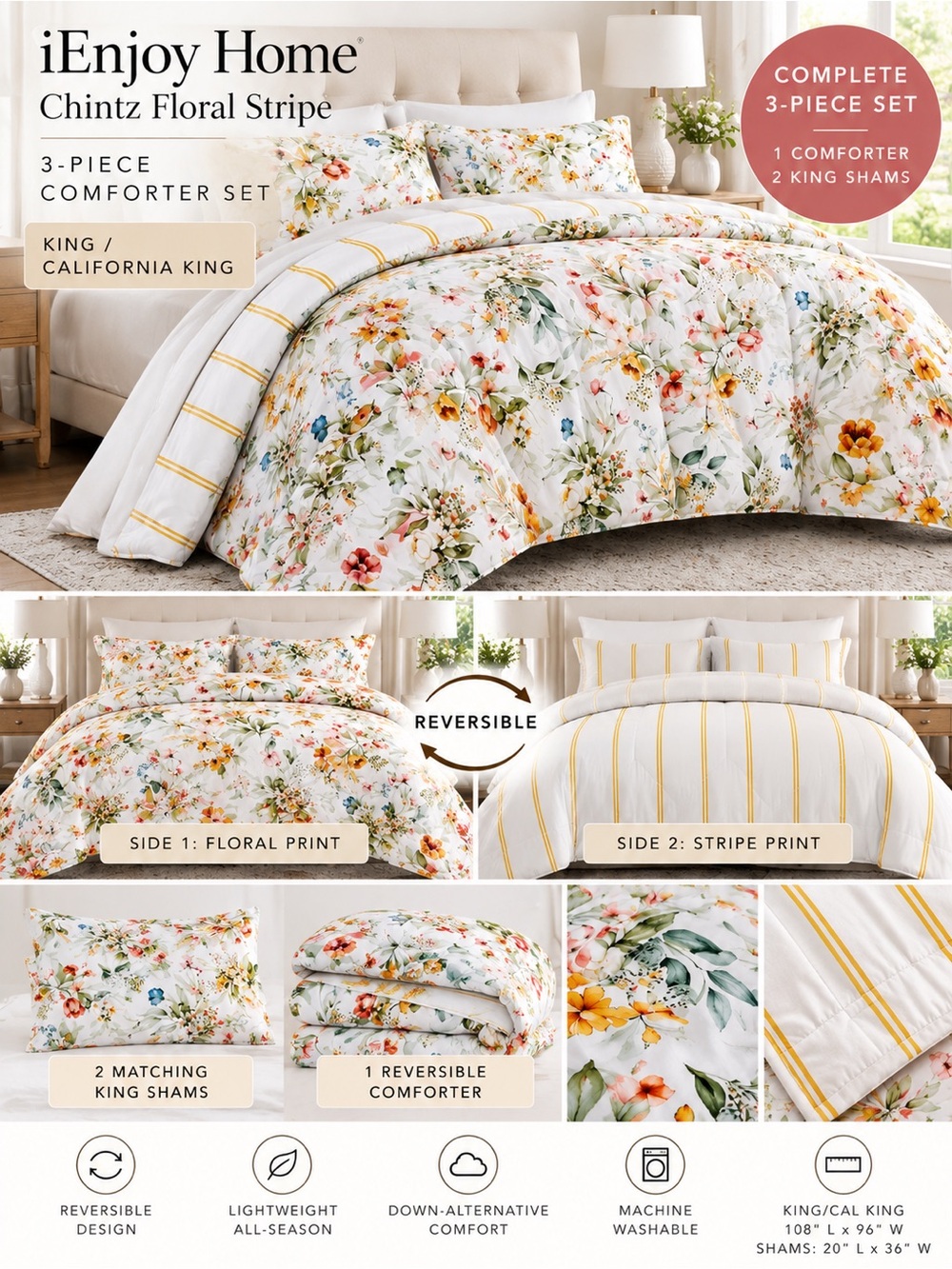 iEnjoy Home Chintz Floral Stripe King Cal King Reversible 3pc Comforter Set